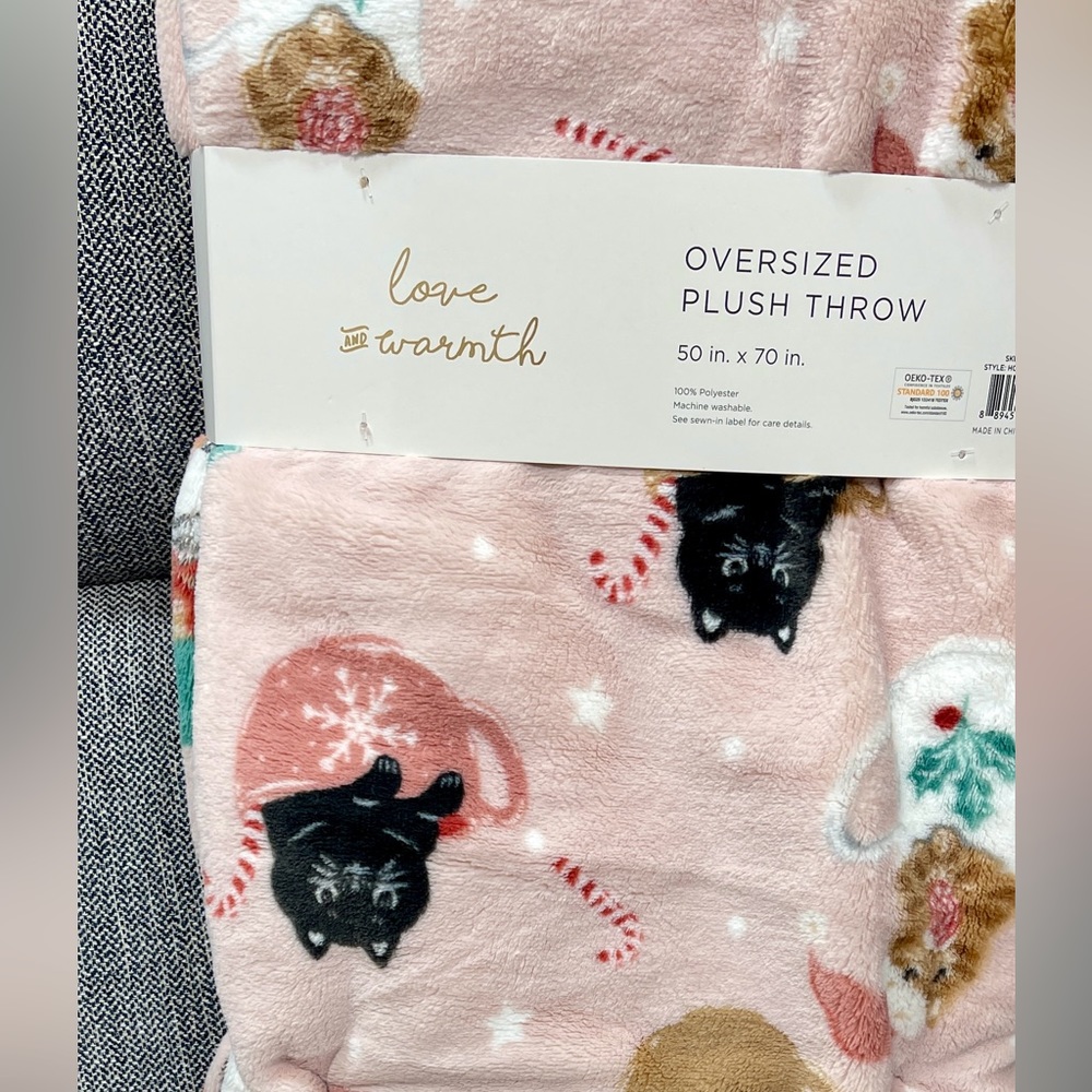 Pink Christmas Cats & Coffee Cups πββ¬π©·ππ Plush Holiday Throw blanket NwT - Picture 7 of 10